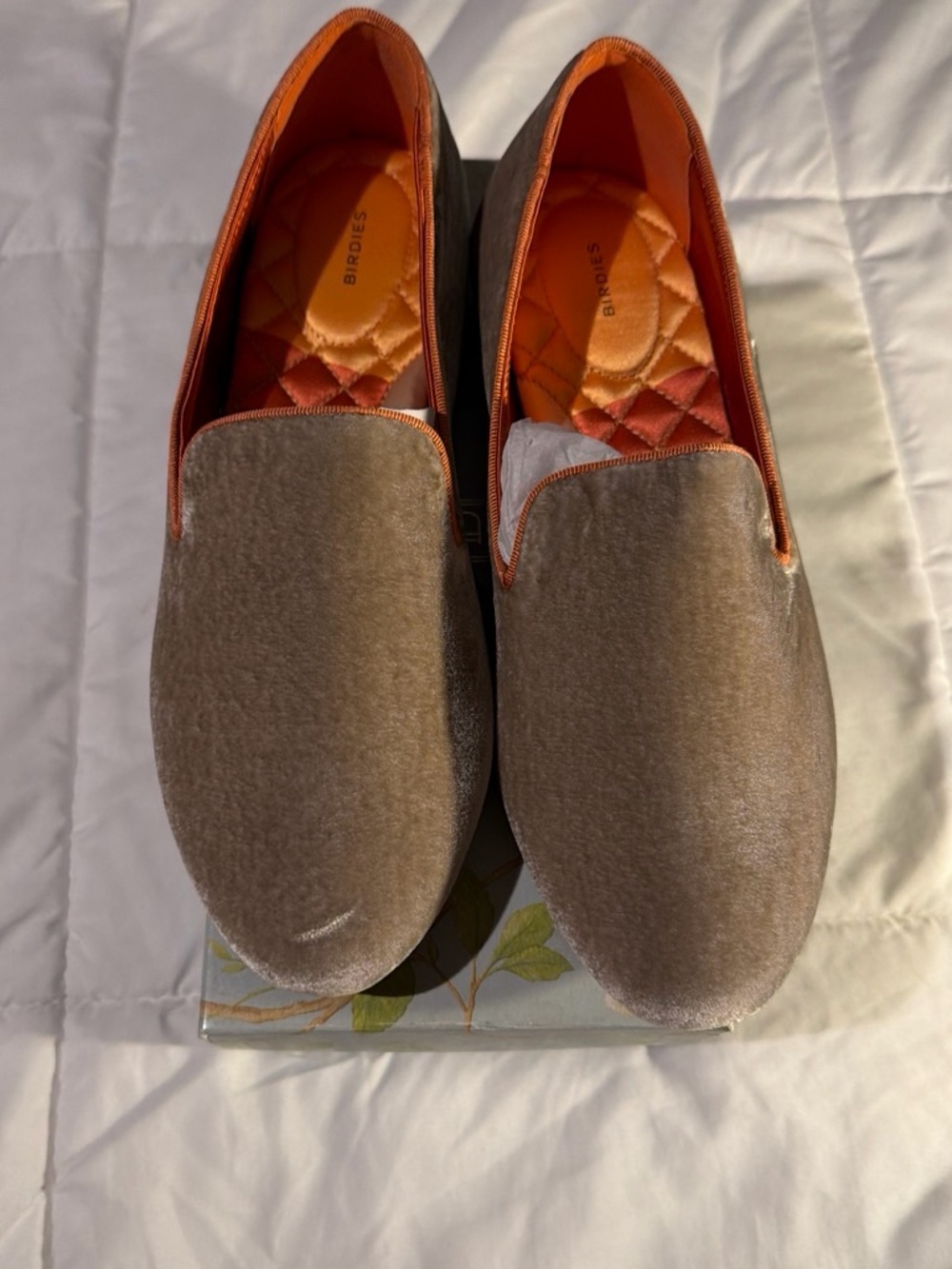 Birdies Taupe Velvet Slip-On Flats with Orange Quilted Interior